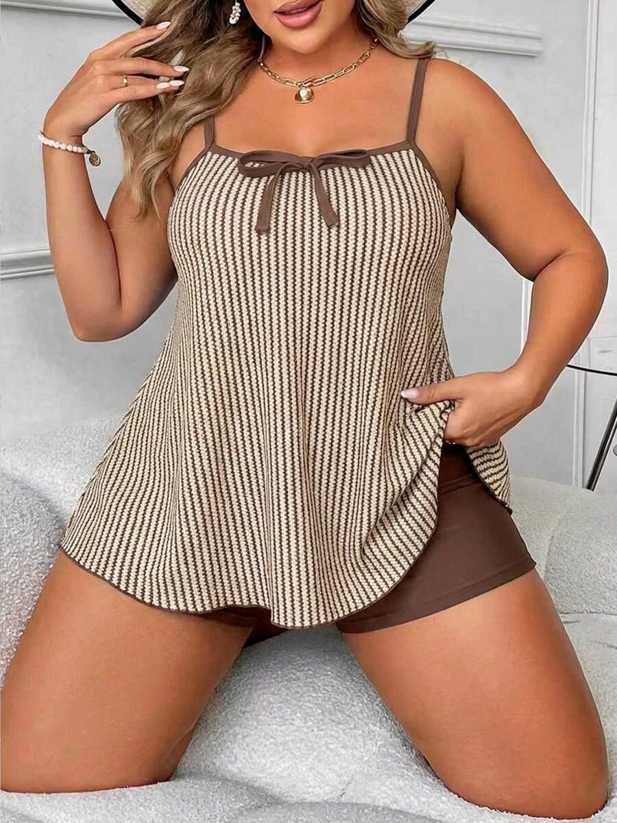 Swim Lushoire Bộ đồ bơi Tankini cỡ lớn mới dành cho nữ, quần bikini kiểu đầm có sọc màu cà phê giúp kiểm soát vòng bụng, bộ đồ bơi 2 mảnh. - Cà phê nâu - Xem 1