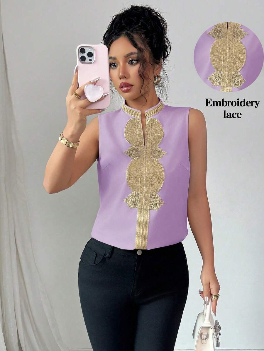 Rafferiza Áo kiểu nữ thanh lịch cổ chữ V thêu ren phối nhiều mảnh - Màu tím - Xem 1