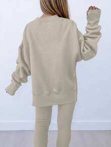 Plus Size Casual Loose Solid Color Long Sleeve Top And Skinny Pants 2 Pieces Set F1 Cargo - Apricot - View 2