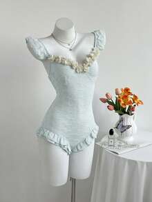 Elamini Women's Fashion Cap Sleeve Ruffle Trim 3D Floral Bodysuit - Blue - View 3