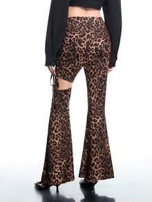 Airlisse Women's Leopard Print Side Ruched Flared Hem Leggings, Suitable For Spring And Autumn - Brown - View 2