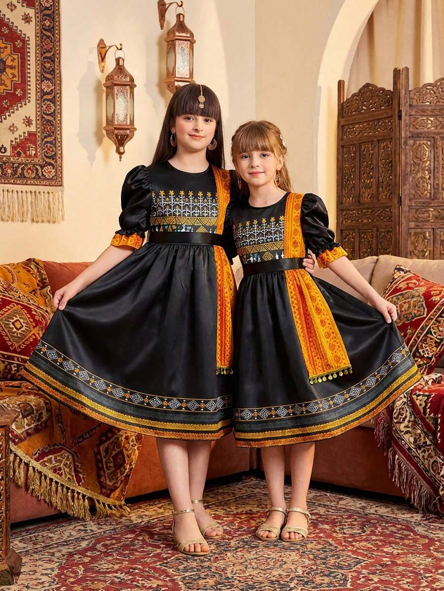 SHEIN Girls' Middle Eastern Traditional Arabic Dress,High-Quality Satin,Colorblock Orange & Black,Puff Sleeves,Waist Cinched,Elegant,Autumn Wedding Guest - Black - View 1