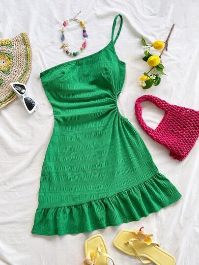 Soleia Women's Yellow Spaghetti Strap Asymmetric Hem Asymmetrical Mini Dress, Summer Vacation Outfit