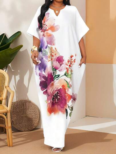 SHEIN Lady Plus Size Elegant Floral Print Loose Notch Neck Dress, Summer