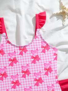 SHEIN 2件套女童可爱蝴蝶结荷叶边弹力速干舒适针织面料连体泳衣（小号），适合海滩、泳池、海边、冲浪、度假、夏季、旅行 - 粉色 - 查看 3