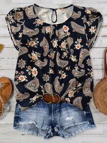 Linhara Áo kiểu nữ cỡ lớn in họa tiết hoa Paisley, cổ tròn, tay bồng, xếp ly, phong cách thường ngày, công sở, thời trang, thanh lịch, đa năng, kiểu Pháp lãng mạn, hẹn hò, cổ điển, đi biển, nghỉ dưỡng, mùa hè, áo kiểu mới cho nữ, áo kiểu mùa hè cho nữ, áo kiểu nữ thường ngày cho nữ. - Nhiều màu - Xem 3