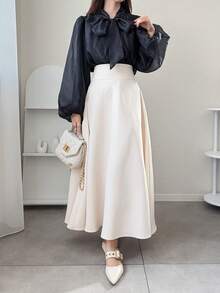 FRIFUL 女士纯色蝴蝶结领薄纱宽松休闲百搭衬衫 - 米色 - 查看 2