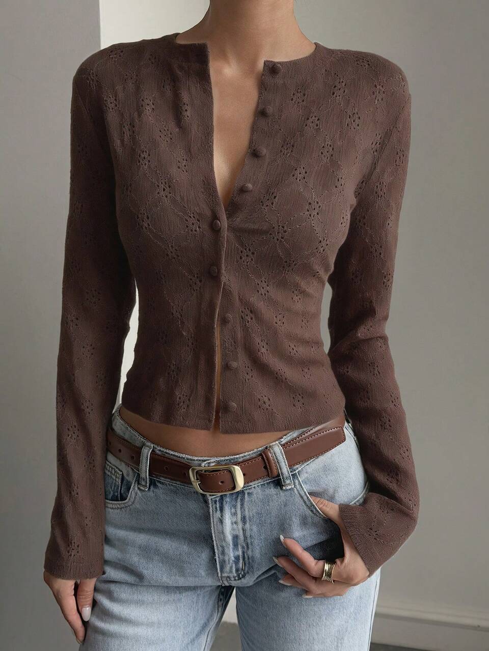 Women's Coffee Brown Openwork Jacquard T-Shirt,Parisian Chic Summer Casual Tops For Brunch,Street Style,Business,Spring,Autumn Tops
