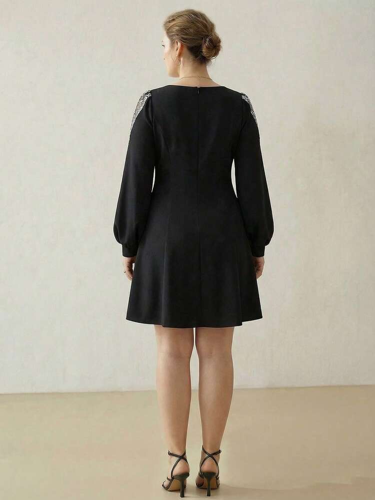 PLUS SIZE ELEGANT DATE NIGHT MESH PATCHWORK LANTERN SLEEVE CINCHED WAIST FOLD PLEATED HEM SHORT DRESS