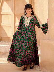 Vestido de manga larga con estampado floral para niñas preadolescentes, vestidos islámicos para niñas, vestido abaya para niñas - Verde Oscuro - Ver 4