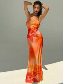 Aloruh 女士优雅印花露背吊带连衣裙，露背连衣裙，芙蓉花，夏威夷花卉，沙滩装，度假装 - 彩色 - 查看 2