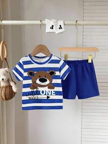 SHEIN 两件套幼儿男童T恤套装，圆领短袖上衣，蓝白条纹图案搭配卡通动物印花，配蓝色短裤，简约舒适，清新活泼，适合儿童日常穿着。 - 藍色 - 查看 1