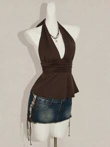 SHEIN ICON Y2k Women's Going Out Boho Brown Halter Backless Babydoll Tank Top Spring To Summer - Brown - View 7