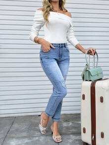 EMERY ROSE Women's High Waist Pocket Distressed Skinny Casual Versatile Jeans - Blue - View 6