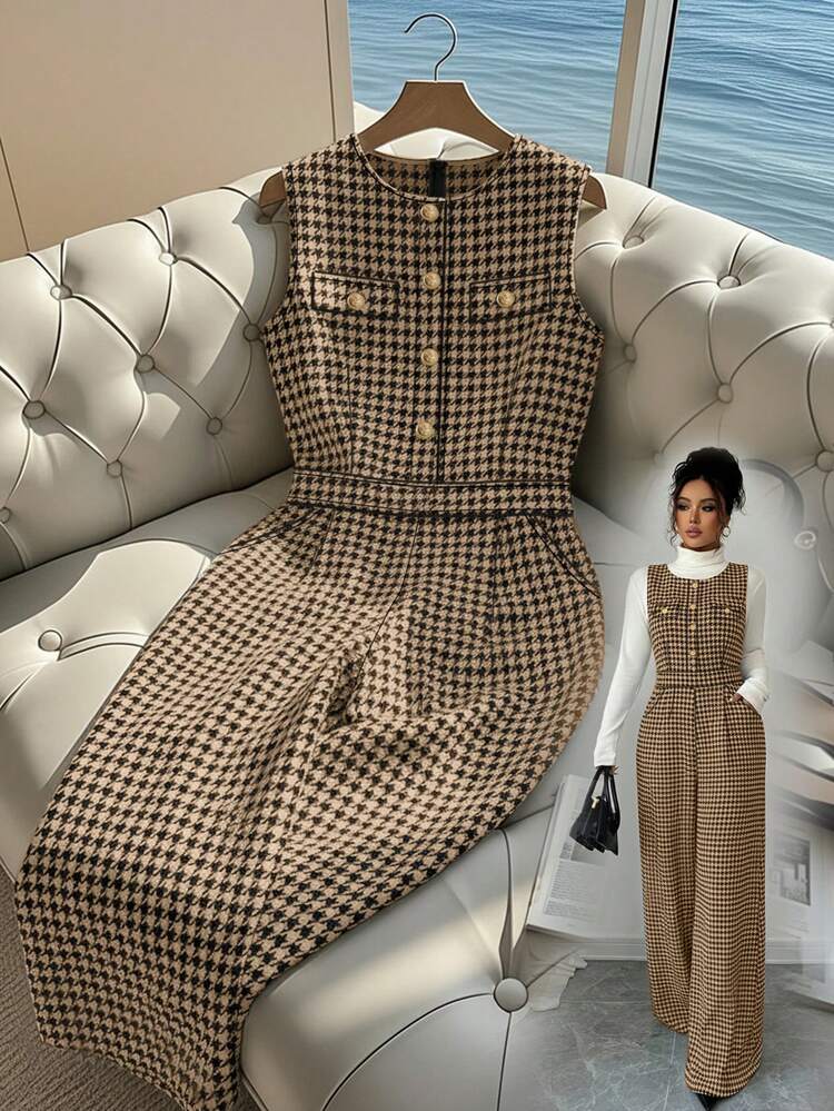 GlowEve Macacão Elegante Feminino Sem Mangas, Padrão Clássico Minimalista Preto e Branco, Outono/Inverno - Castanho - Visão 1