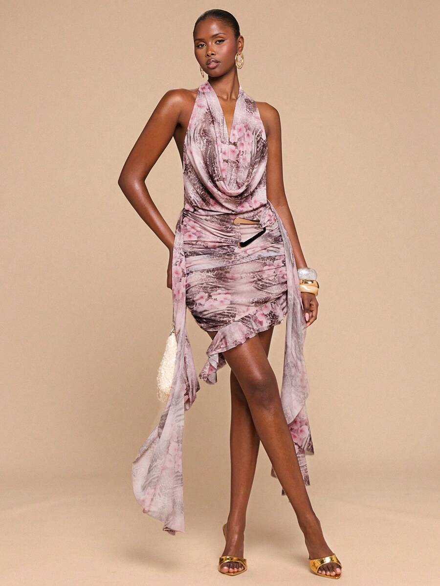 SHEIN BAE 优雅女士连衣裙，豹纹与花卉印花，露背系带，荷叶边下摆，金属腰带扣装饰，适合海滩派对、度假、浪漫约会、鸡尾酒会等场合。 - 彩色 - 查看 1