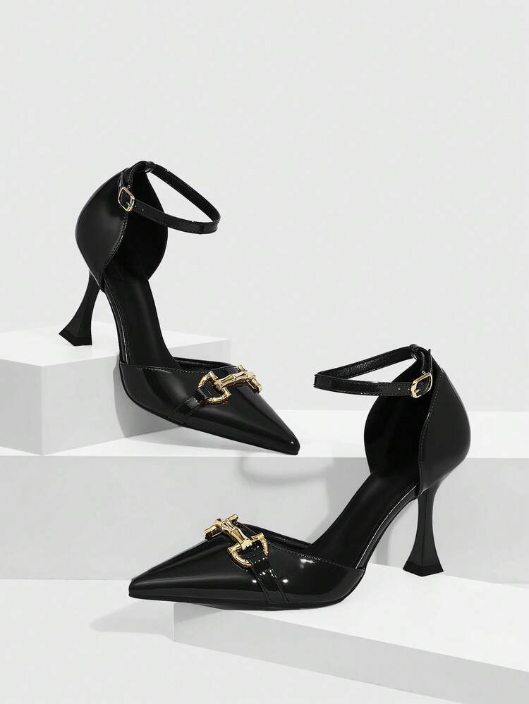 CUCCOO SZL Women's High Heels, Black Pointed Toe, Back Top, Buckle, Adjustable 9CM Women's Elegant Stiletto, Mirror PU Material, Metal Bamboo Buckle, Black High Heels, Fashionable And Versatile, Suitable For Daily/Party/Christmas Valentine's Day Dating/Commuting/Formal Women's Shoes