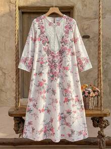 SHEIN Tween Girls Pink Floral And Bow Print Arabian Dress,White Floral,Autumn,Elegant,Wedding Guest Traditional Long-Sleeved Casual Simple Dress For Spring - Pink - View 4