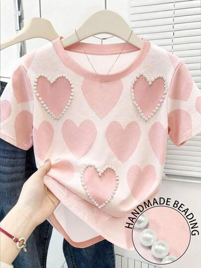 Resyla Dam sommar casual kortärmad t-shirt, vackert rosa hjärtmönster, handgjord pärlhjärtdesign, trendig streetwear, lämplig för dejter, vardagskläder, studentkläder
