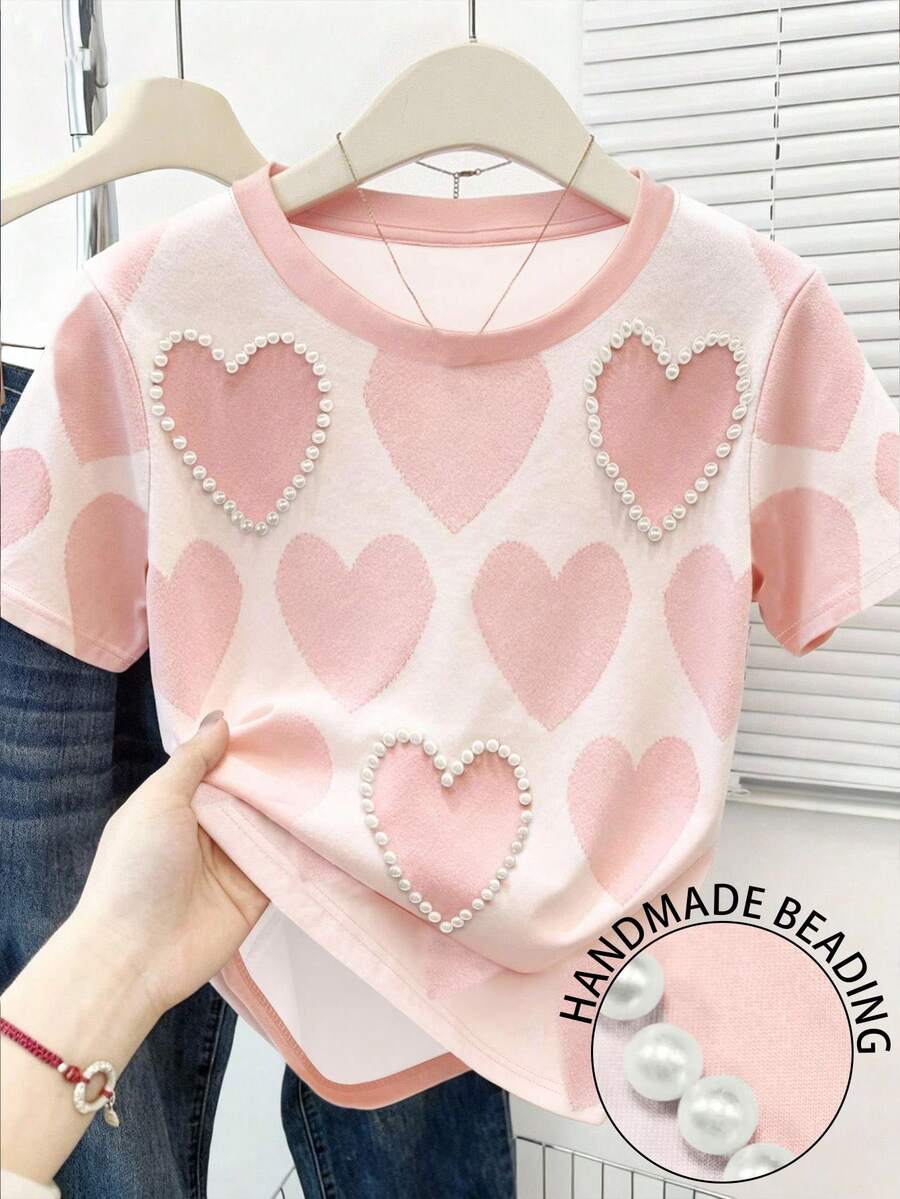 Resyla 女士夏季休闲短袖T恤，可爱粉色爱心印花图案，手工串珠爱心设计，时尚街头风，适合约会、日常穿着，学生款 - 粉色 - 查看 1