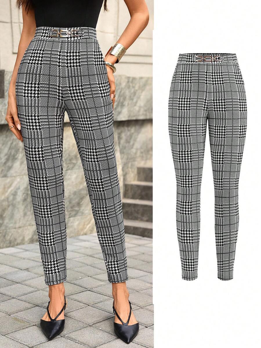 Editum 女士新款优雅高腰显瘦格子针织弹力修身口袋裤，适合工作及多种场合穿着 - 黑與白 - 查看 1