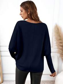 EMERY ROSE Women's Casual Minimalist Navy Blue Batwing Sleeve T-Shirt - Multicolor - View 2