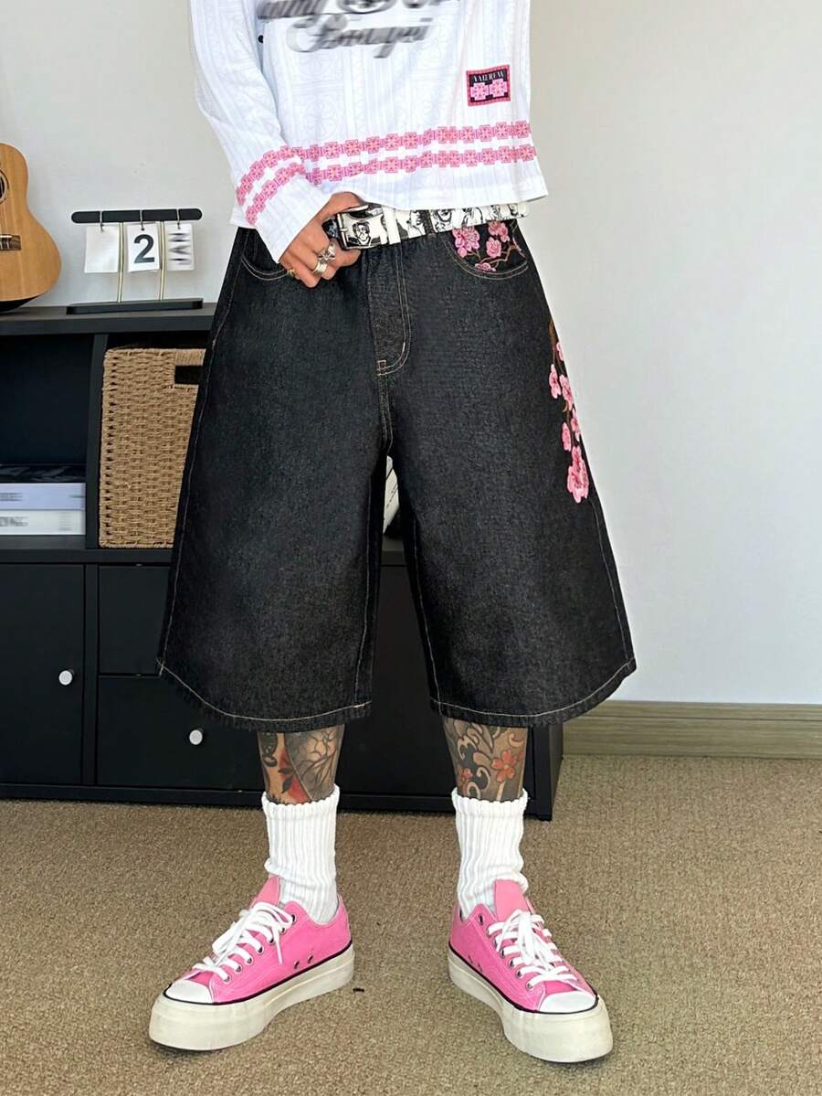 STEELVANCE Casual Streetwear Stylish Versatile Cherry Blossom Tree Embroidery Denim Straight Leg Bermuda Shorts Y2k Spring To Summer - Black - View 1
