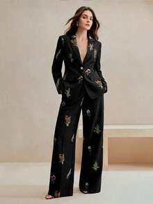 Anewsta Elegant Embroidered Black Suit Set, Fashionable Fitted Waist Casual Outfit For Women - Black - View 1
