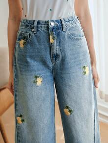 Anewsta Women's Fashion Pockets Fruit Embroidery Straight Leg Jeans - Blue - View 7