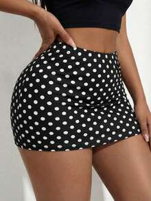 SHEIN SXY 女士优雅黑白波点印花中长裙 - 黑與白 - 查看 4