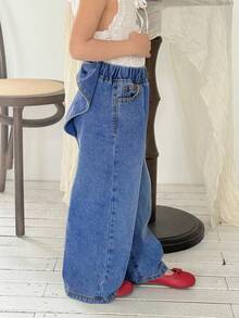 SHEIN 年轻女孩可爱大蝴蝶结后背牛仔休闲阔腿裤，春夏休闲度假乡村波西米亚风装 - 中等水洗藍 - 查看 4