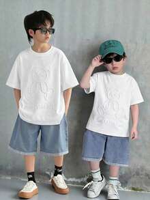 SHEIN Little Byeori 2件套儿童/青少年男童休闲百搭舒适圆领宽松短袖针织T恤和牛仔短裤套装，适合返校穿着 - 白色 - 查看 7