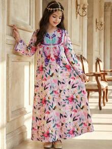 SHEIN 少女粉色花卉蝴蝶印花V领阿拉伯连衣裙，优雅休闲简约的传统长袖阿拉伯连衣裙，适合春夏穿着。 - 粉色 - 查看 5