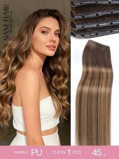 9AM HAIR 蝴蝶结发片，真人发，无胶 OVO PU 孔，手工编织，隐形 DIY 双层发片，直发，1 片装，16 英寸