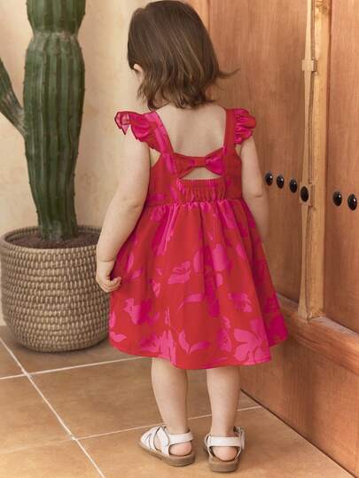 SHEIN Baby Girl Woven Solid & Floral Ruffle Trim Casual Square Neck Dress