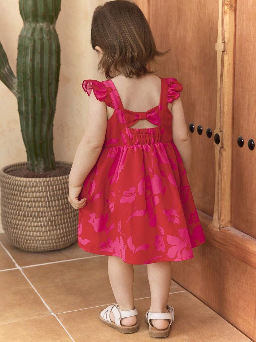 SHEIN 女婴纯色花卉荷叶边休闲方领连衣裙 - 彩色 - 查看 1