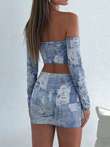 INAWLY 女士低腰牛仔印花长袖上衣和半裙套装 - 彩色 - 查看 2