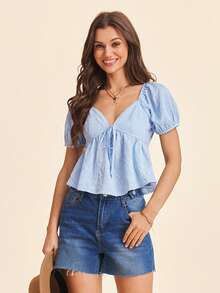Coeurva Women's Vacation Top,Women's Elegant Casual Romantic Sexy Vacation Jacquard Blouse, Blue Ladies Top,Women's Summer Outfits, Vacation Outfits Women,Summer Tops - Baby Blue - View 7