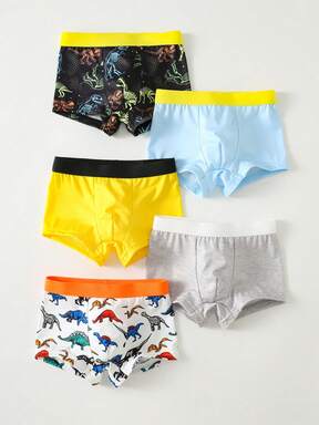 SHEIN paquete de 5 calzoncillos tipo bóxer casuales para niños pequeños con estampado sólido de color contrastante, diseños de dinosaurios y letras lindos y elásticos