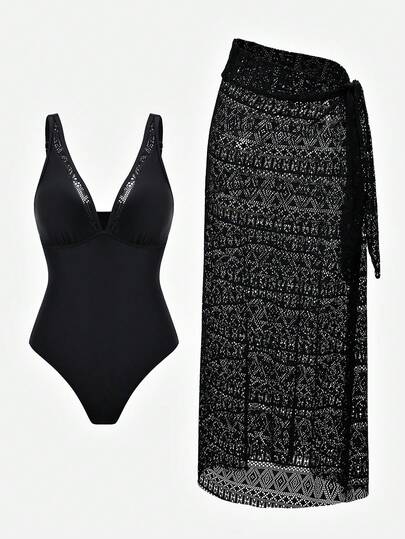 Swim Oasis 2026 New Women's Swimwear ArrivalFor School,Suitable For Holiday, Date, Afternoon Tea, Western, Cruise, Beach, Island, Road Trip, All Seasons, Music Festival, Boho Vacation,Bohemian Vacation, Chill Autumn ,Western Boho ,Elegant Tops For Women 1 Set Solid Color Lace Splice Deep V-Neck One-Piece Swimsuit With Jacquard Textured Splice Skirt, Suitable For Vacation, Beach Black See Through Dress Mesh Maxi Dress High Slit Dress Split Thigh Dress Cruise Dinner Dress Hollow Out Dress Crochet Maxi Dress Black Maxi Coverup Black Crochet Maxi Skirt Hollow Out Maxi Skirt Mesh Maxi Skirt Black See Through Skirt Crochet Skirt Bathing Suits For Women Black Modest Bathing Suits Black Cover Up Swim Swimsuits For Woman Modest 3 Piece Swim Set One Piece Swimsuit