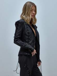 MUSERA 系带细节修身长袖西装外套，性感可爱，适合派对、浪漫夜晚、约会、春夏假期等场合。 - 黑色 - 查看 3