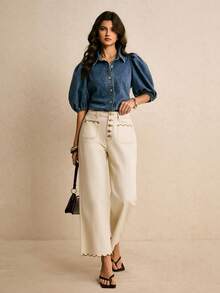 Poéselle 女士休闲通勤斜纹直筒牛仔裤 - 白色 - 查看 7