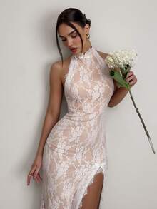 Firerie 女士优雅、精致、浪漫、端庄的节日派对、婚礼宾客、生日聚会、度假日常时尚都市风立领纽扣前开衩露背蕾丝修身白色连衣裙 - 白色 - 查看 6