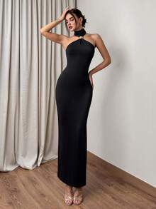 Firerie 女士优雅简约精致正式连衣裙，配金属装饰领带，适合假日、婚礼、派对、约会、生日、度假等场合。 - 黑色 - 查看 7