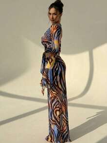 Aloruh Women's Summer Vacation Two-Piece Set, Beachwear, Sexy Retro Zebra Print Animal Print Suit, Y2K Music Festival Outfit, Party Outfit, Girls' Afternoon Tea Outfit. Elegant Printed Round Neck Short Flared Sleeve Top And Skirt Two-Piece Set. - Black - View 6