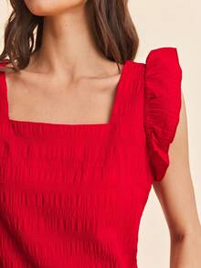 Coeurva Solid Ruffle Trim Bubble Texture Blouse Summer Women Beach Square Neck Summer Red Top