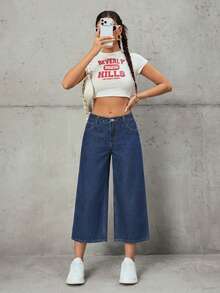 SHEIN Tall Women's Fashion Casual Wide Leg Mid-Rise Jeans - Dark Wash - View 6