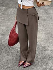Siren Gaze Women's Slim Fit Double Layer Design Pants, Grey, Suitable For Commuting - Coffee Brown - View 1
