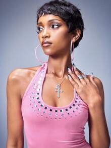 Y2Kool BiGraphic Women's Pink Sexy Hot Girl Valentine's Day Rhinestone-Embellished Sexy Backless Casual Mini Dress - Coral Pink - View 1