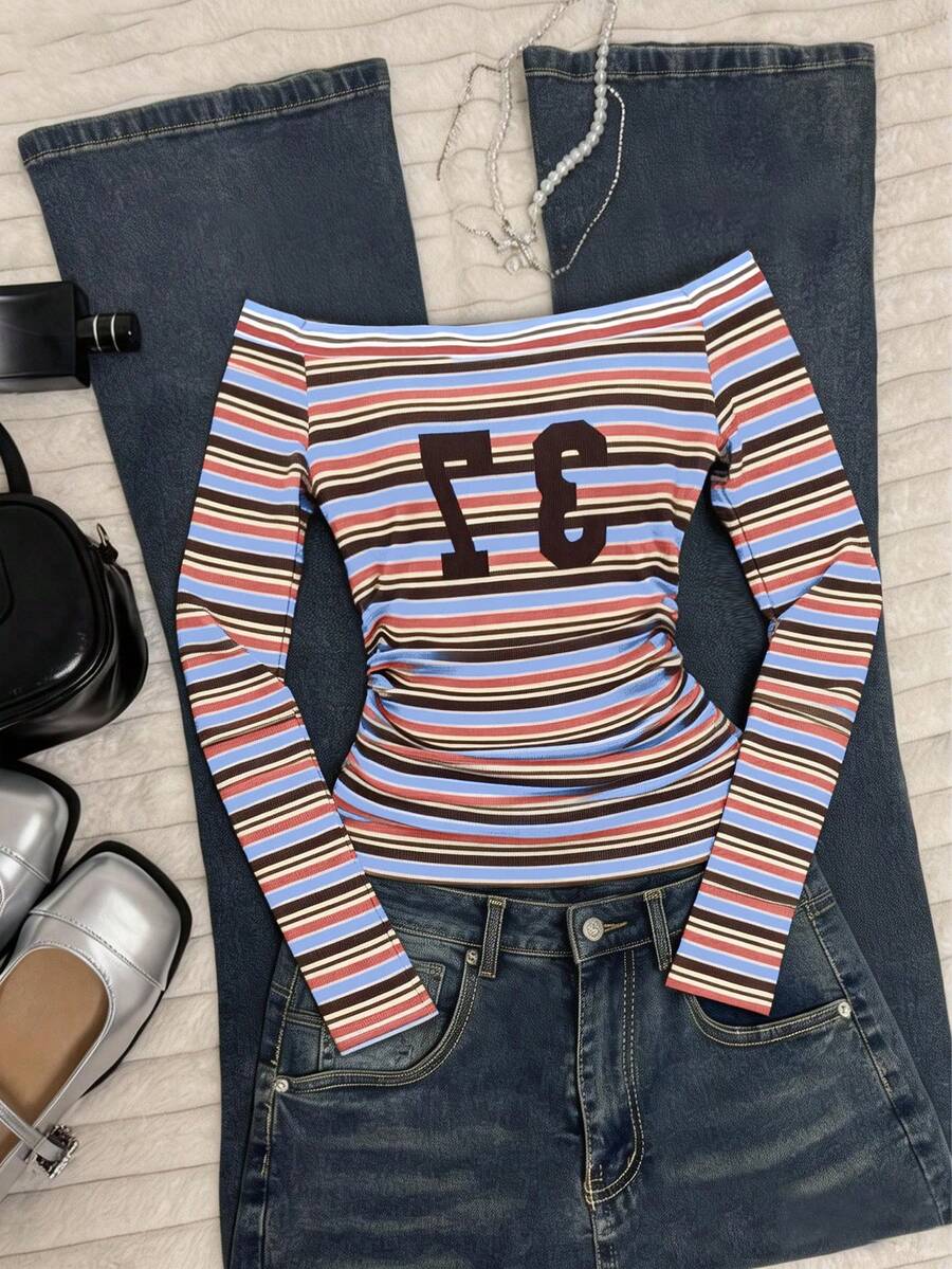 Rina Fox Casual Striped Off-Shoulder Numeric Print T-Shirt, Spring/Autumn - Multicolor - View 1